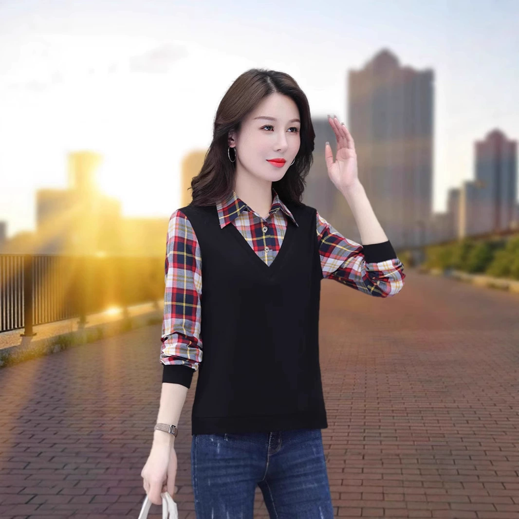 Женская толстовка из двух частей с длинными рукавами, весенне-осенняя женская нижняя рубашка, сращенный топ, одежда для матери среднего возраста, универсальный клетчатый корейский стиль.