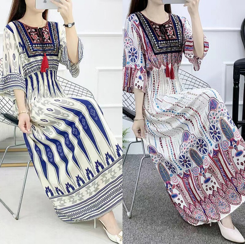 2026 Summer New Women's Dress Ethnic Style Cotton Round Neck Embroidered Flared Sleeves Waist Slimming Dress 2026 Summer New Women's Dress Ethnic Style Cotton Round Neck Embroidered Flared Sleeves Waist Slimming Dress