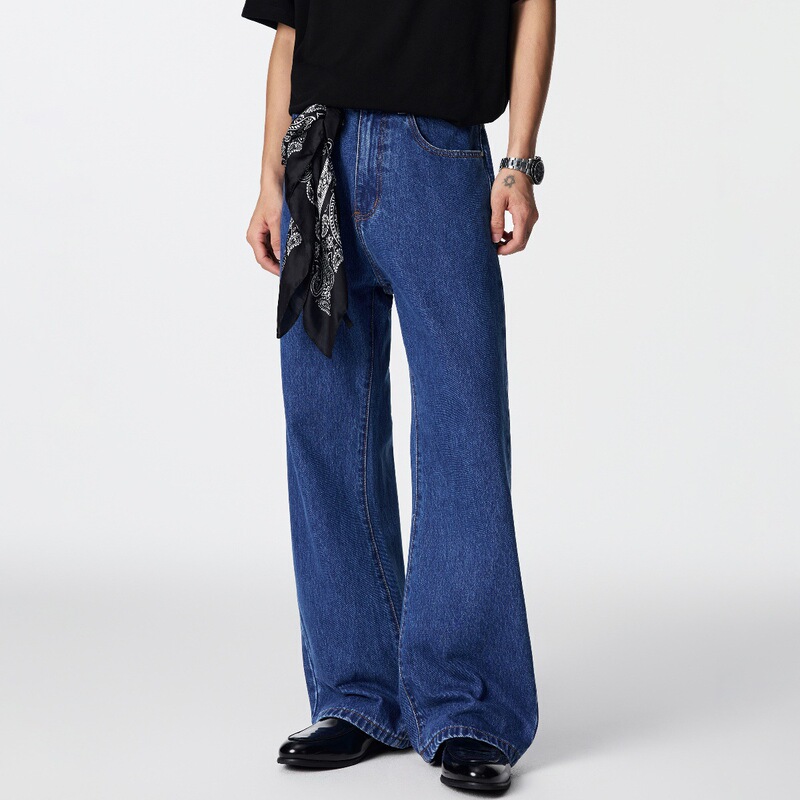 Popular American-Style Dip-Dyed Washed Five-Pocket Casual Pants, Deep Blue Vintage 12.9 oz Versatile Flared Jeans