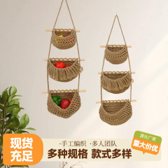 三層果物ネットポケット手編みシンプル組み合わせキッチン壁掛け収納バスケット取り外し可能壁掛け果物ネットポケット