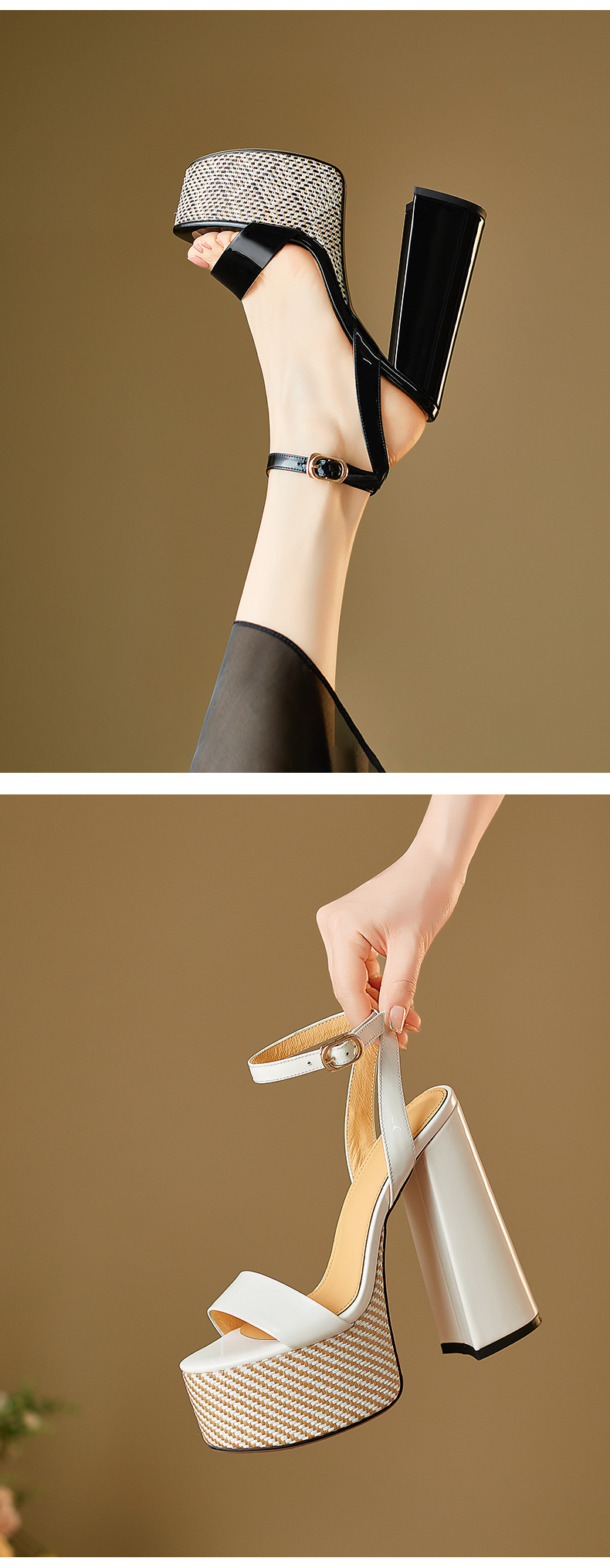 Sandal hở mũi một dây Yichuan da thật gót vuông cao 9 cm — đen chi tiết 8