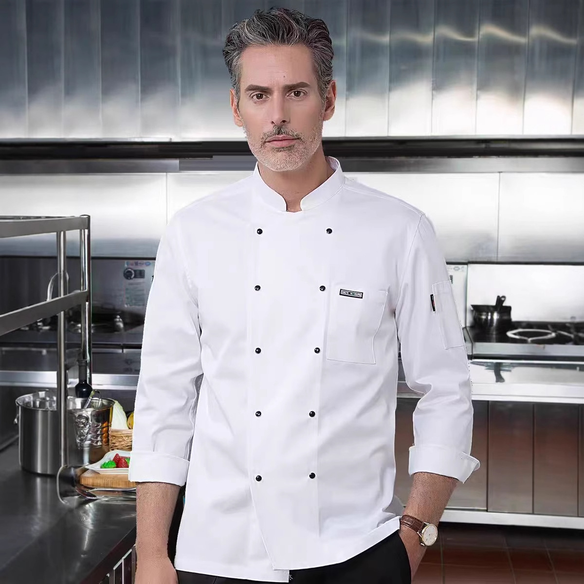 外贸跨境餐饮酒店厨师服装工作服长短袖夏薄款定 制印字logo秋冬