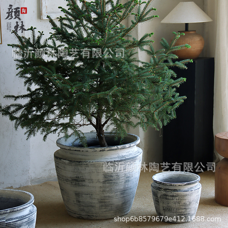 Nuevo tipo simple de maceta de cemento gran boca ancha sala de estar doméstica centro comercial suelo interior gran calibre maceta de plantación verde