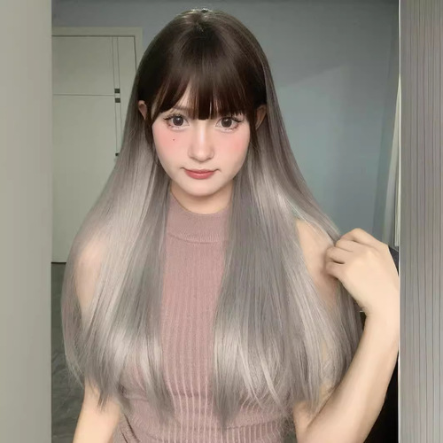 Cheng Ming wig female black brown gradient gray long straight hair round face natural fluffy sweet internet celebrity summer full headgear style