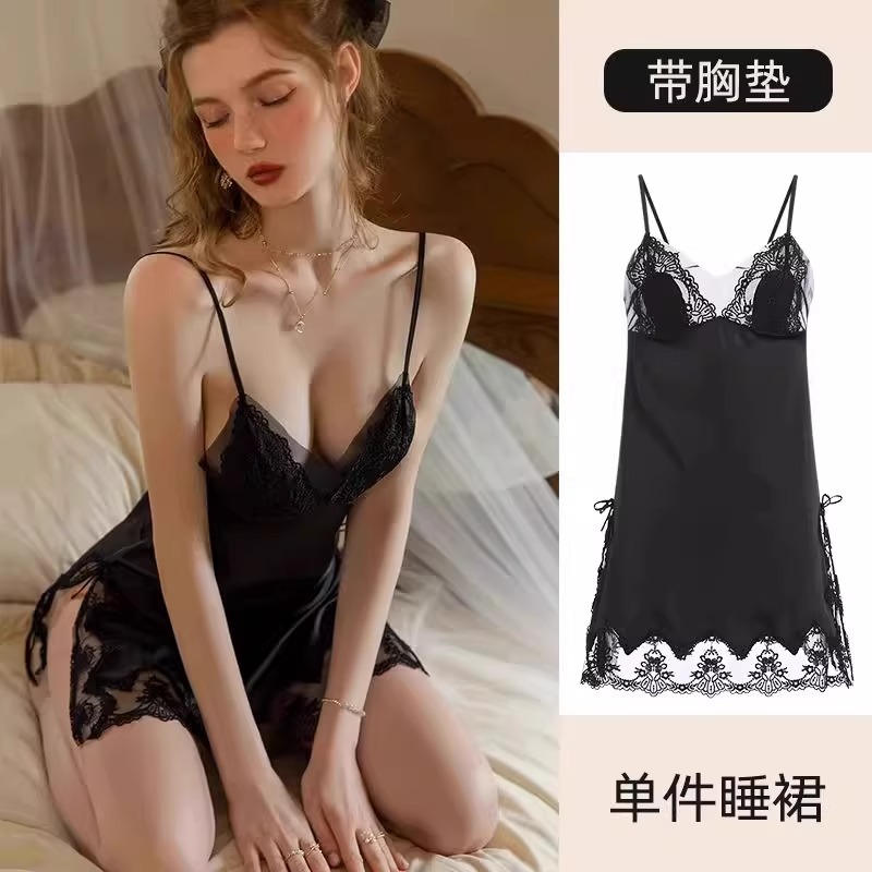 2025 nuevo sexy vestido de alta sensación vestido de pijama de seda de hielo vestido de encaje de corbata V vestido de pijama cojín de pecho