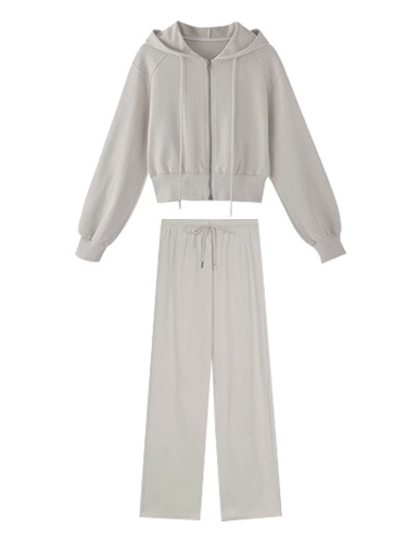 Languid Autumn Casual Sports Fashion Set for Women, K-Drama Heroine Short-Sleeve Jacket and Floor-Length Wide Leg Pants Two-Piece Set