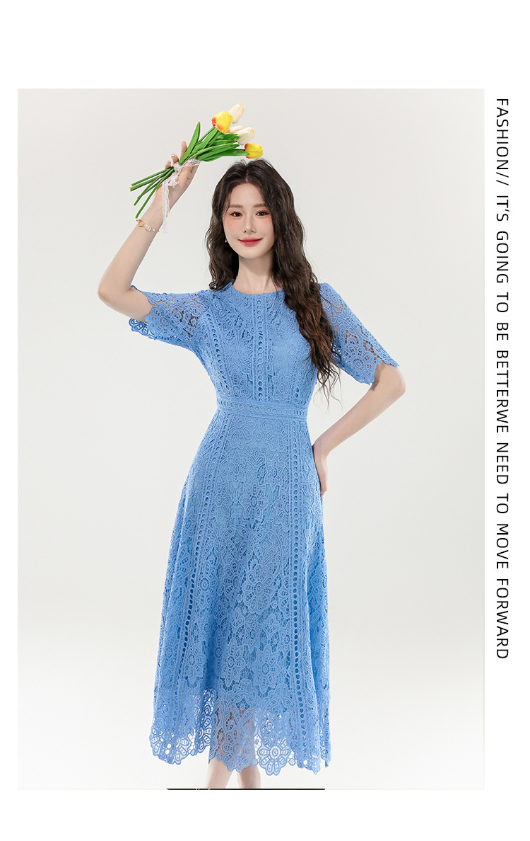 Đầm ren hòa tan tay ngắn thanh lịch Hàn Quốc – Váy dáng suông nhẹ nhàng — xanh lam, màu tím, màu trắng chi tiết 7