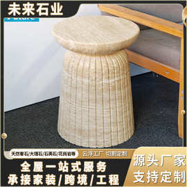 米白洞拉槽边几小桌子 矮圆柱咖啡桌 圆柱米白洞茶几天然石材批发