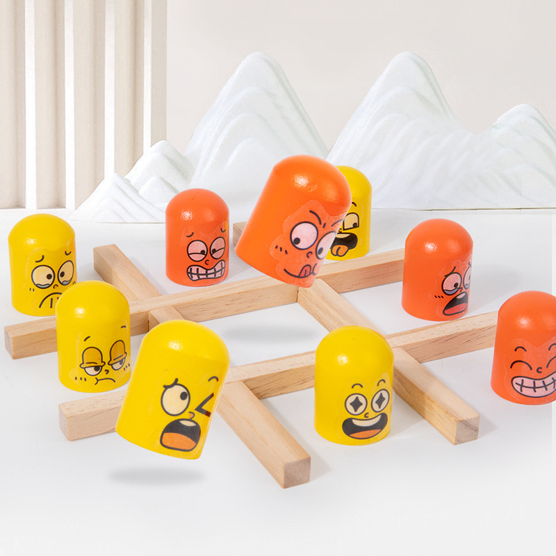 跨境新品儿童木质创意表情贴纸井字棋互动思维游戏益智玩具娃娃