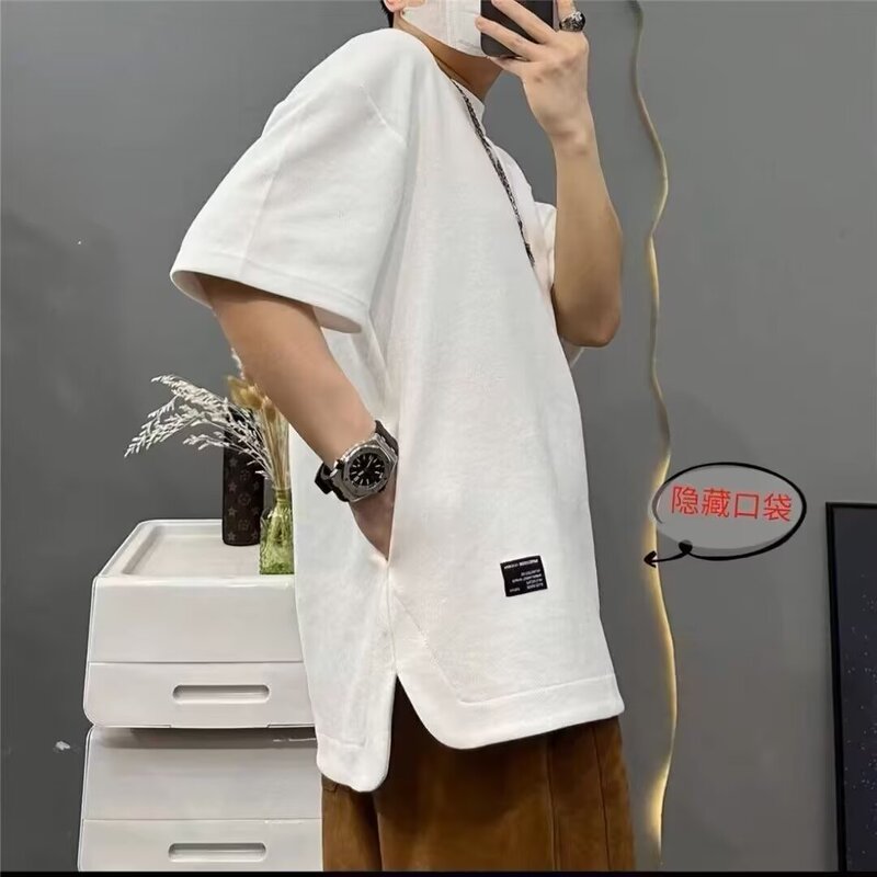 Source manufacturers foreign trade multi-pocket short sleeve T-shirt men's loose Joker casual simple half sleeve bottoming shirt wholesale