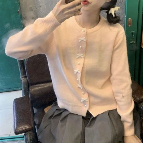 Fanyue Yellow Butterfly Knot Pearl Button Cardigan for Women - Spring Plain Color New Bestseller Gentle Style Knit Sweater