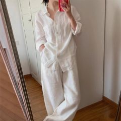白い亜麻シャツの長ズボンセットの女性のデザイン感はシンプルでカジュアルで怠惰な風の薄い長袖の上着の2つのセットです。