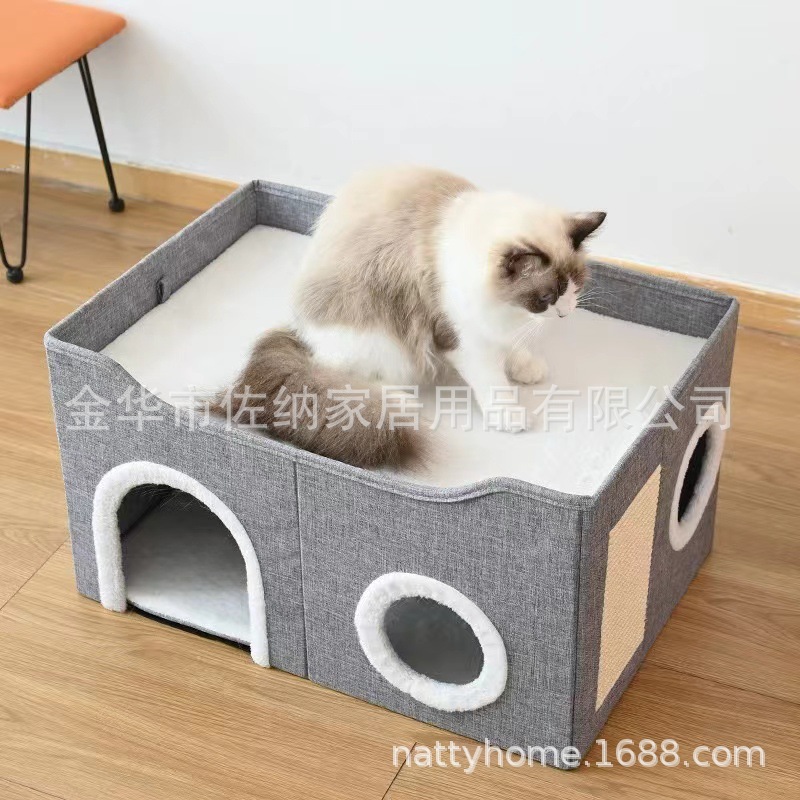 Nido para mascotas Four Seasons Nido para gatos universal Doble capa Múltiples hoyos Garra de afilado de sisal Suministros para mascotas Casa para mascotas plegable semicerrada