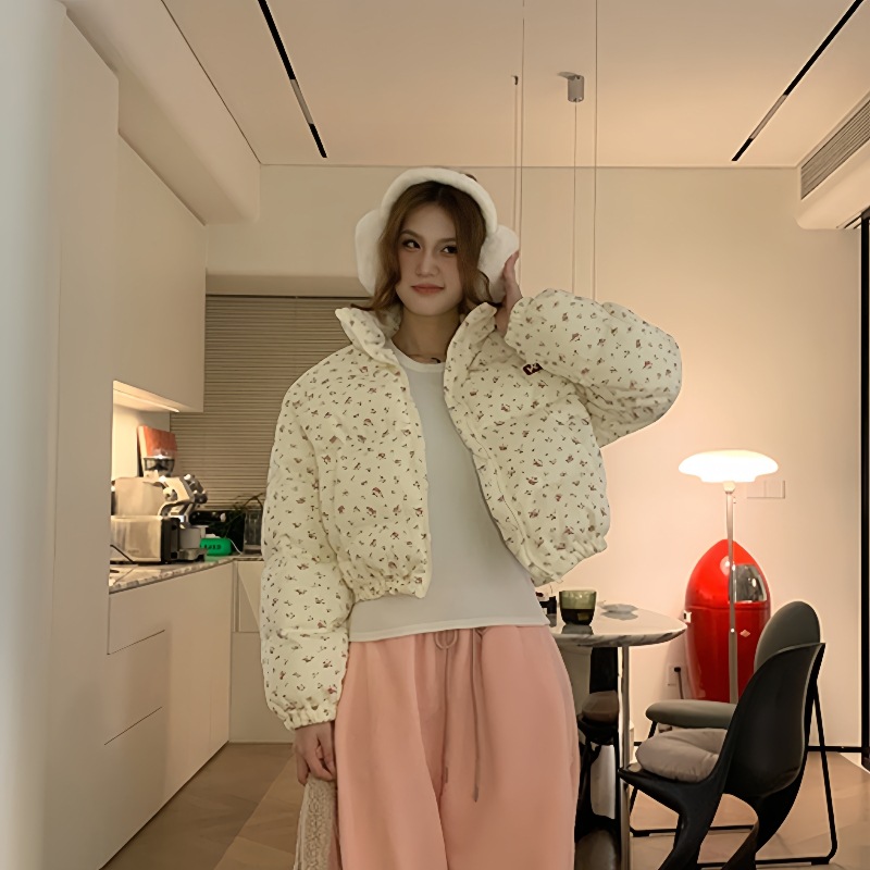 Chaqueta Acolchada Corta Estampada para Mujer de Poliéster, Súper Grueso, para Invierno