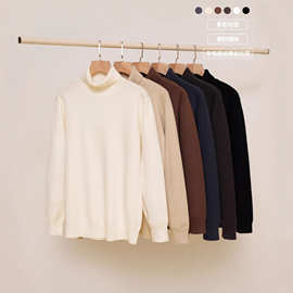 跨境男士软糯羊毛衫秋冬新款高领套头纯色针织毛衣 男装翻领毛衣