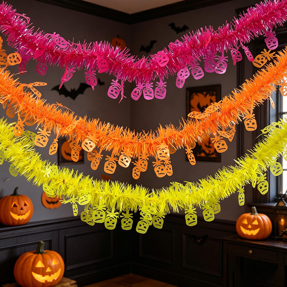 Decoración de Halloween tira fluorescente calabaza cabana embrujada atmósfera decoración fantasma calavera tira dibujo de flores