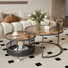 法式奶油风网红玻璃茶几小户型客厅家用现代简约可移动带轮小圆桌