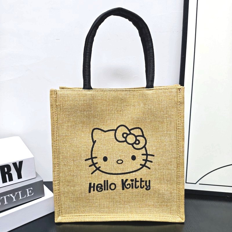 卡通印花亚麻布包复古简约手提袋大容量通勤购物袋生日伴手礼品袋