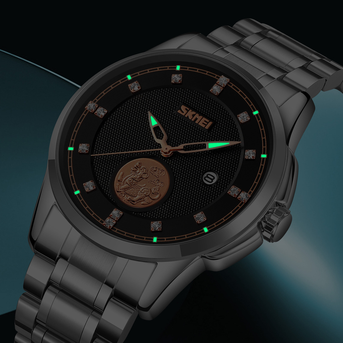 Momento de moda impermeable hombre reloj de acero sólido calendario de cuarzo nocturno comercio exterior regalos al por mayor personalizados