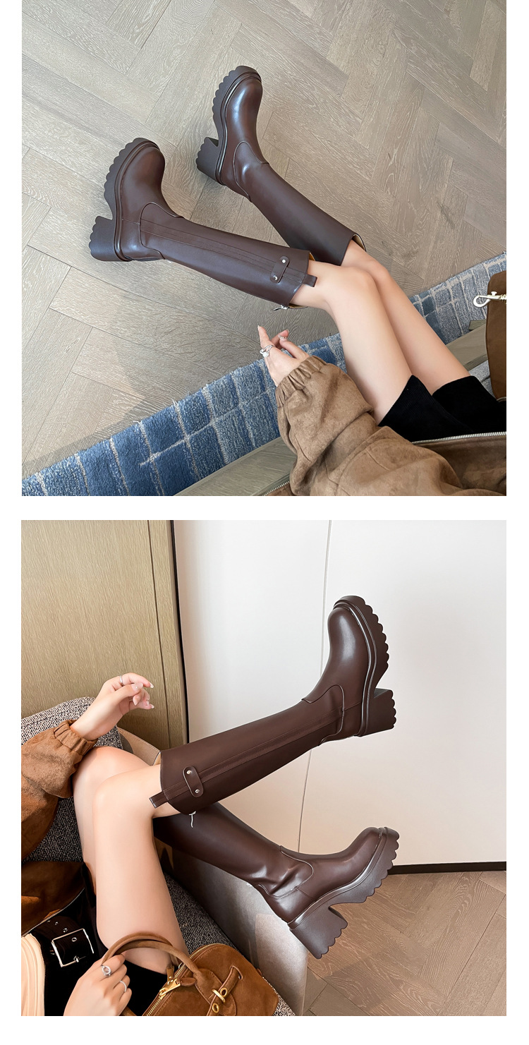 Boot nữ cổ cao ôm bắp chân đế dày gót thấp da thật mùa thu đông — Lớp lót nhung ống lớn màu nâu, Màu nâu cộng với lớp lót đơn lớn, Màu nâu cộng với lớp lót nhung lớn, Lớp lót nhung ống lớn màu đen chi tiết 5