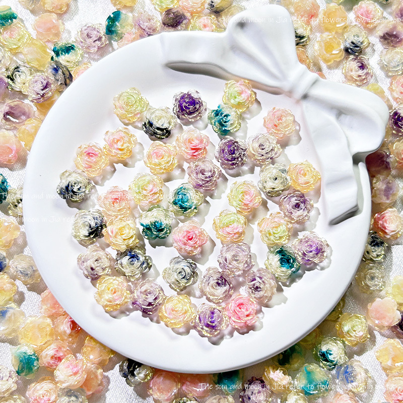 Tie-Dye Soft Glue Flower Carved Non-Porous Fine Glitter Rose Flower Resin Nail Art DIY Handmade Rope Phone Case