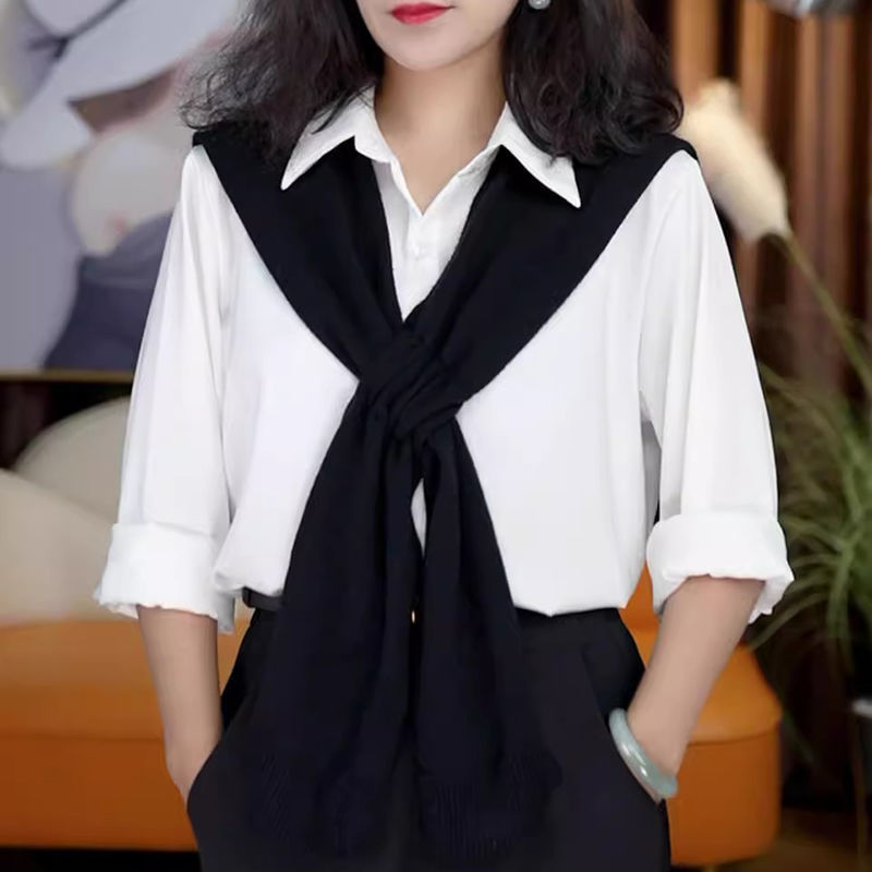 韓国版ニットの純色系のショールは春にシンプルで、西洋風のシャツのtシャツに合わせて、怠け者が肩を組んでいます。|undefined