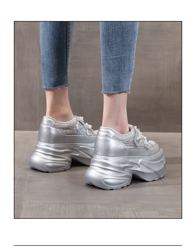 Giày sneaker nữ đế dày chunky, mặt lưới thoáng khí, gắn đá, dán Velcro — Màu trắng chi tiết 19