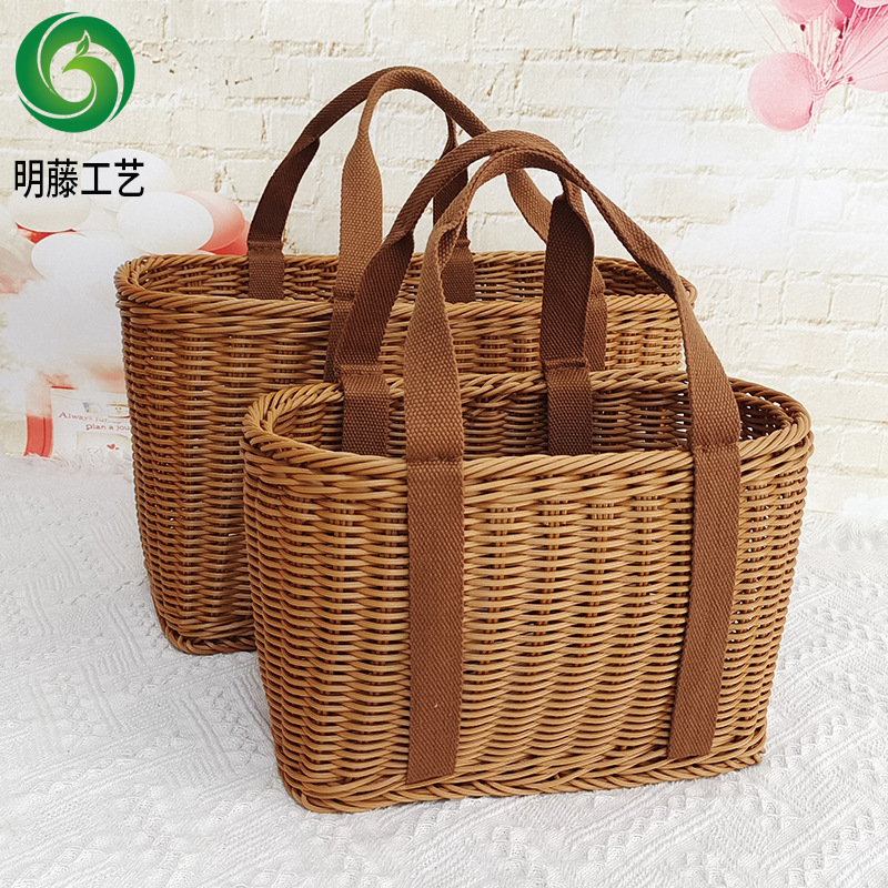 Cesta de mano de fruta de ratán Cesta de compras de supermercado Cesta de ratán de mano de picnic Cesta de tejido de ratán de plástico