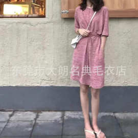 跨境外贸出口日本女装针织裙 收腰系带仙女中长款包臂女装连衣裙