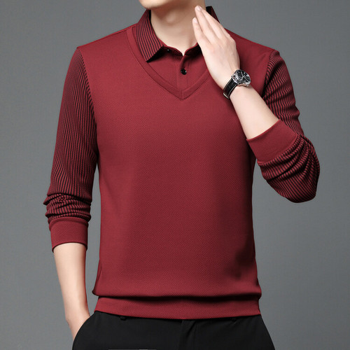 Autumn/Winter Men's Fleece Lined Thick Two-Piece Top Men's Long-Sleeve T-Shirt Casual Striped Polo Shirt