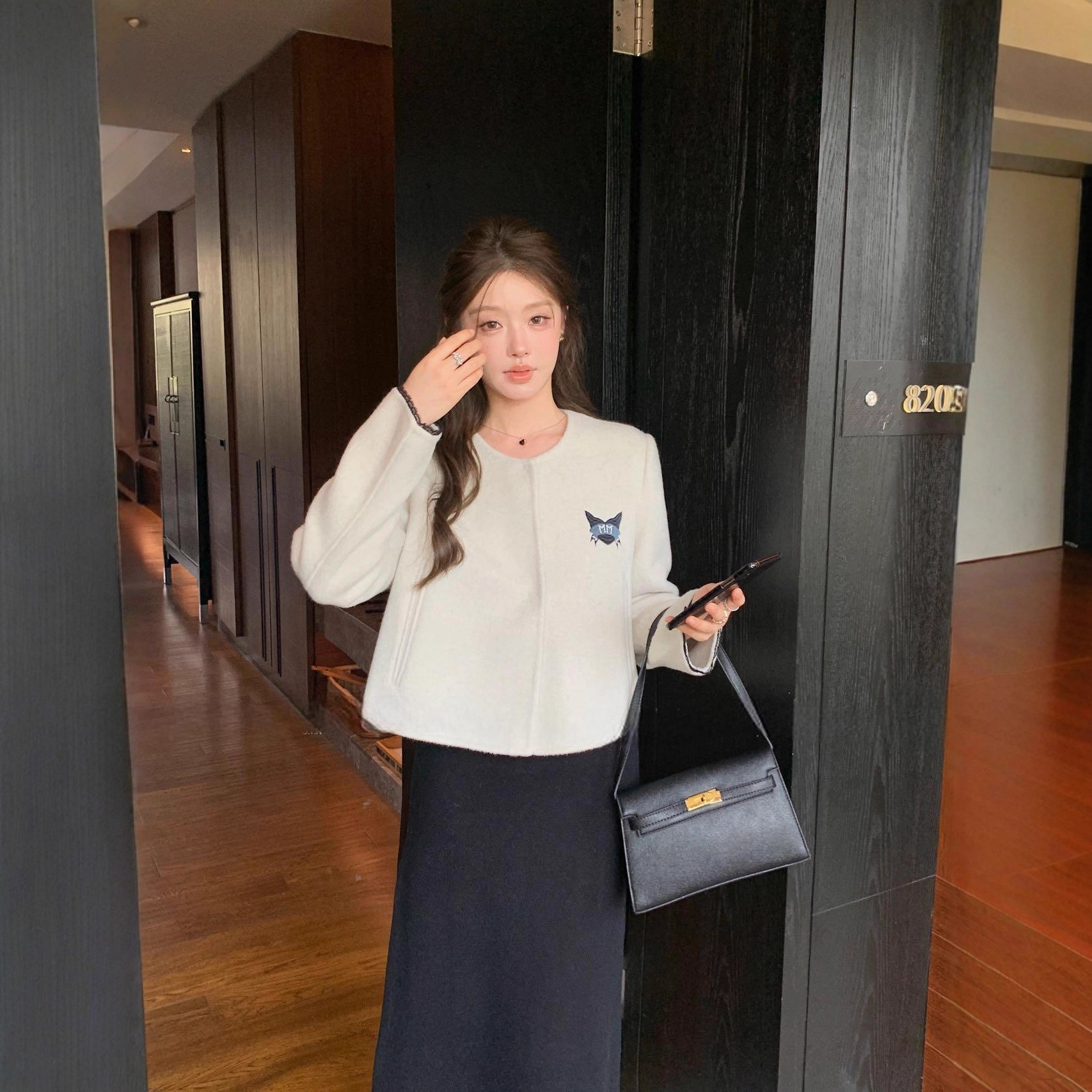 C女式毛呢外套小恶魔刺绣25秋季新款圆领双面呢羊毛俏皮可爱亲肤