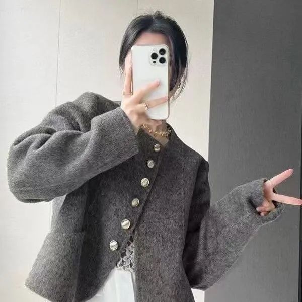 小香风外套女新款圆领单排扣双面呢子大衣女设计感小个子呢子上衣|undefined