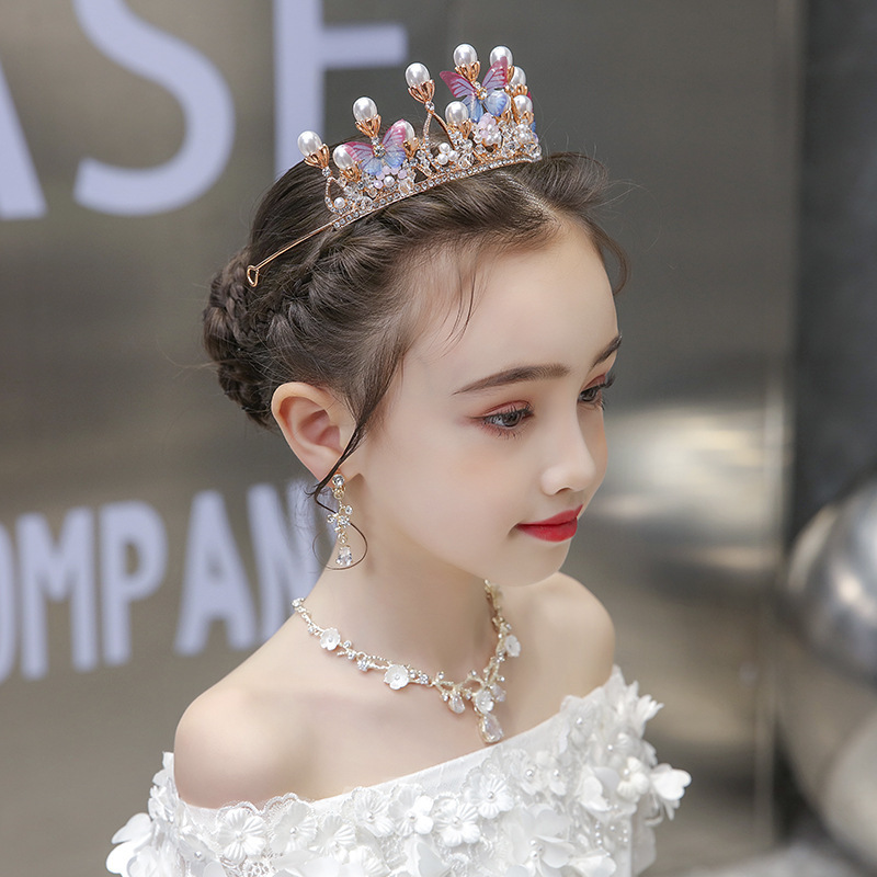 Children's Crown Headwear Korean Necklace Three-Piece Set Pearl Super Fairy Headband Catwalk Performance Host Princess Jewelry