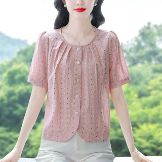 工厂现货圆领衬衫棉麻圆点女装夏装新款短袖上衣短款显瘦百搭小衫