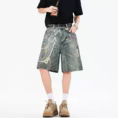 Shanggu Men's Clothing American Streetwear Spring Summer New Loose Trendy Burned Denim Mid-Length Pants Men Salt-Washed Shorts