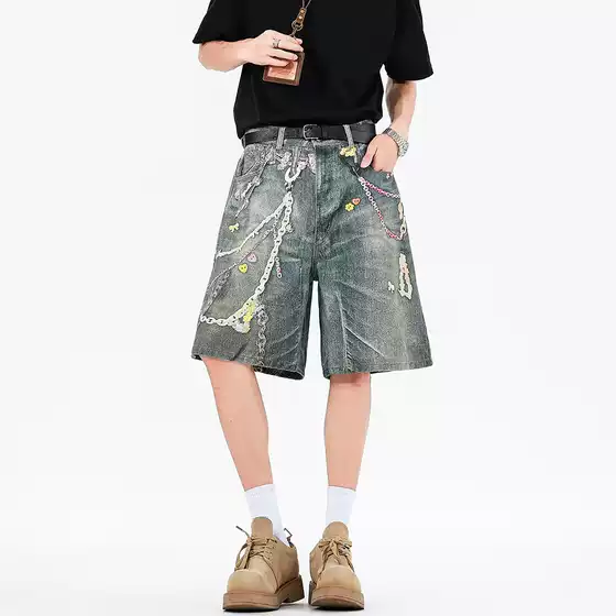 Shanggu Men's Wear American Trendy Brand Street Spring/Summer New Style Loose Trendy Style Burnt Cowboy Middle Pants Men's Stir Fried Salt Shorts