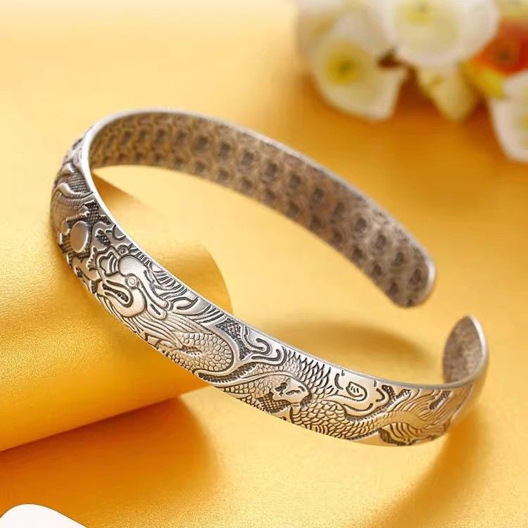 New Copper Silver-Plated Bracelet 9999 Sterling Silver Women's Gift for Mom Dragon and Phoenix Open Retro Bracelet Solid Bracelet Jewelry Gift