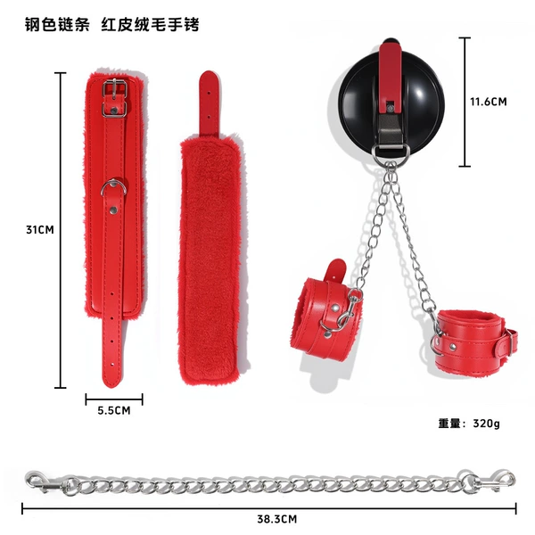 Red leather plush suction cup handcuffs-silver chain