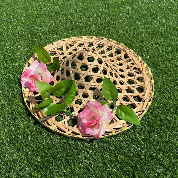Handmade bamboo dance conical hat for children's stage performances, Dai ethnic conical hat, adult square dance prop, floral straw hat