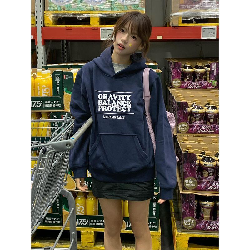复古港风字母印花卫衣女早秋2025新款休闲宽松藏青色外穿连帽卫衣|undefined