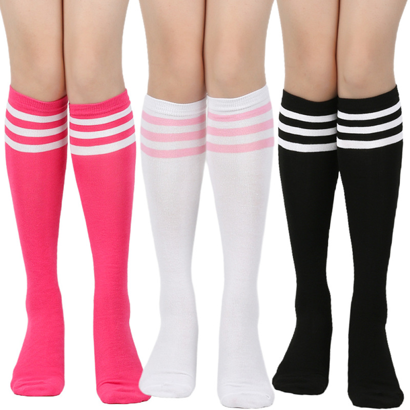 Cross-Border Summer Three-Stripe Mid-Calf Socks for Women Black Cotton Knee-High Socks Striped Socks Europe and America