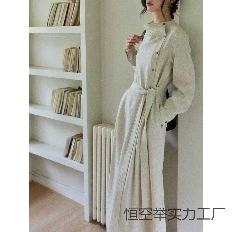 高级感长袖斜门襟连衣裙女秋知识分子风收腰裙|undefined