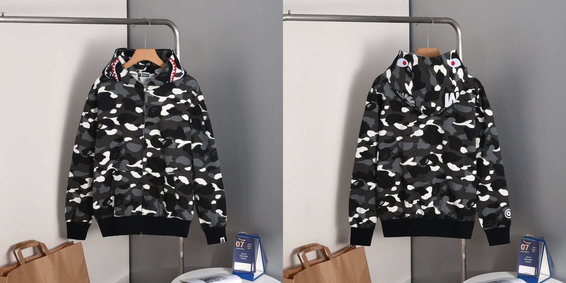 (Cross-border trading), camouflage cloth, shark, sweatshirt with hood with zipper, with embroidery