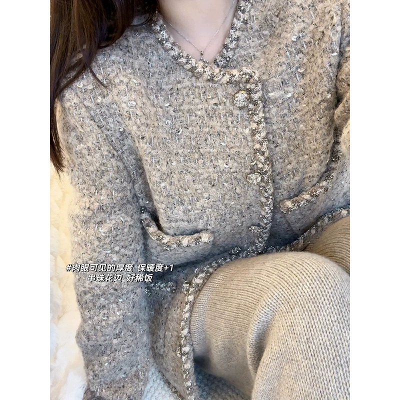 2024 Утренняя весна новый французский маленький ароматный ветер светская леди серая короткая толстая твидная куртка женская весна и осень