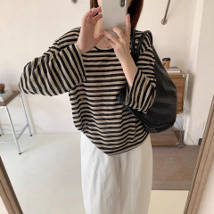 夏の新作シンプルUPトーンルーズVネックストライプ長袖Tシャツカジュアル韓国風万能痩身日焼け止めトップ