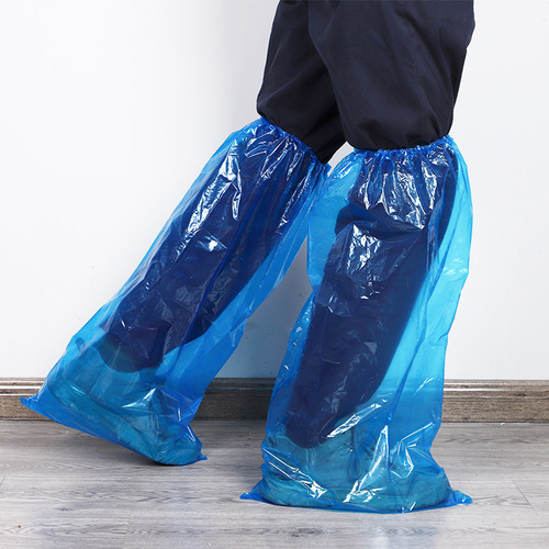 Disposable thickened dustproof and waterproof transparent dark blue plastic PE shoe cover mid-high long protective boot cover