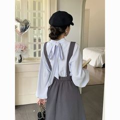 H4K法式干练气质套装女2025秋季新款立领可拆卸飘带衬衫背带裙两