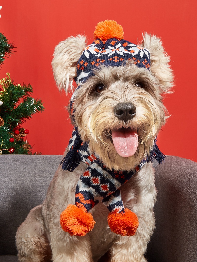 Natal novo cão de estimação malha bonito quente bola de pelo floco de neve triângulo xadrez multi cor cachecol chapéu conjunto_voghion.com