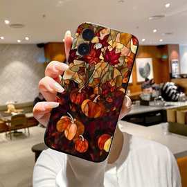 美式复古油画风秋天南瓜彩绘图案手机壳iPhone13promax直边防摔壳