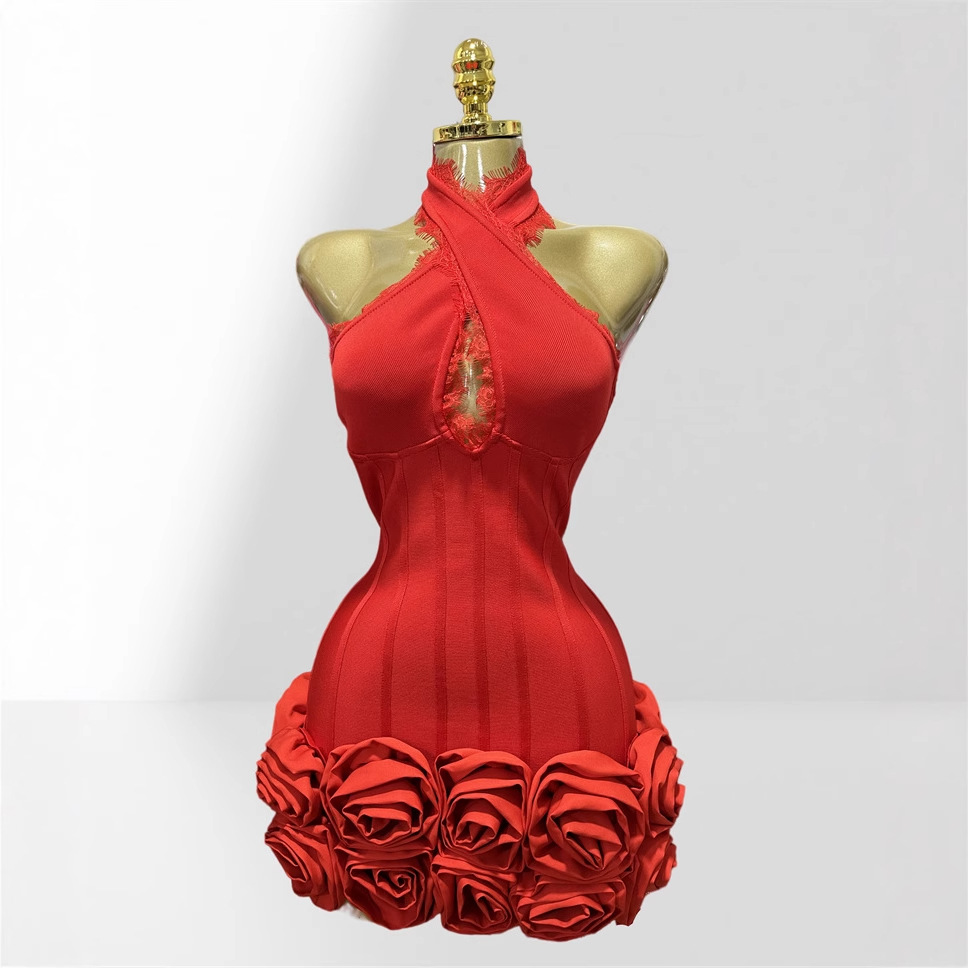 Cross-Border Three-Dimensional Flower Sexy Halter Neck Waist Red Bandage Ultra-Short Dress Fashionable Hot Party Dress